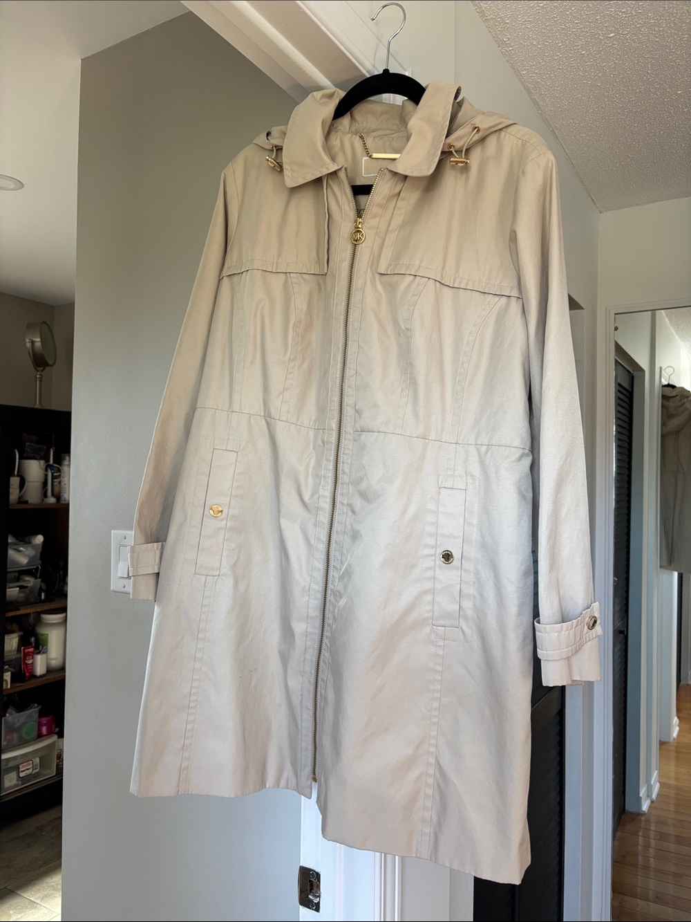 Women's Light Beige Hooded Trench Coat with Gold Hardware- Michael Kors